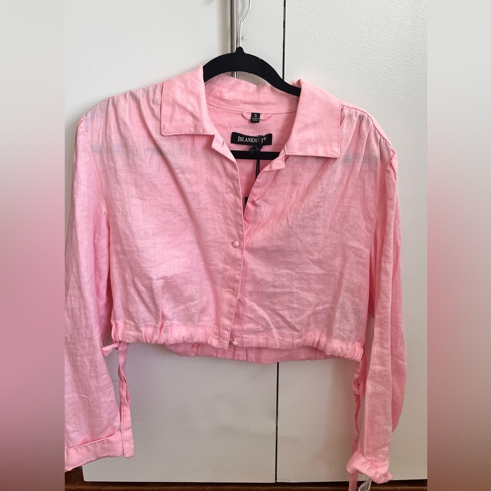 Women BLANK NYC Tied Linen Shirt Long Sleeve Color Pink